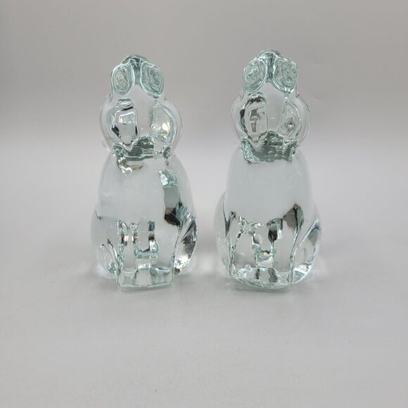 Vintage Heavy Clear Glass Rabbit Figurines Paperweights Bookends Set of 2 - Picture 5 of 8